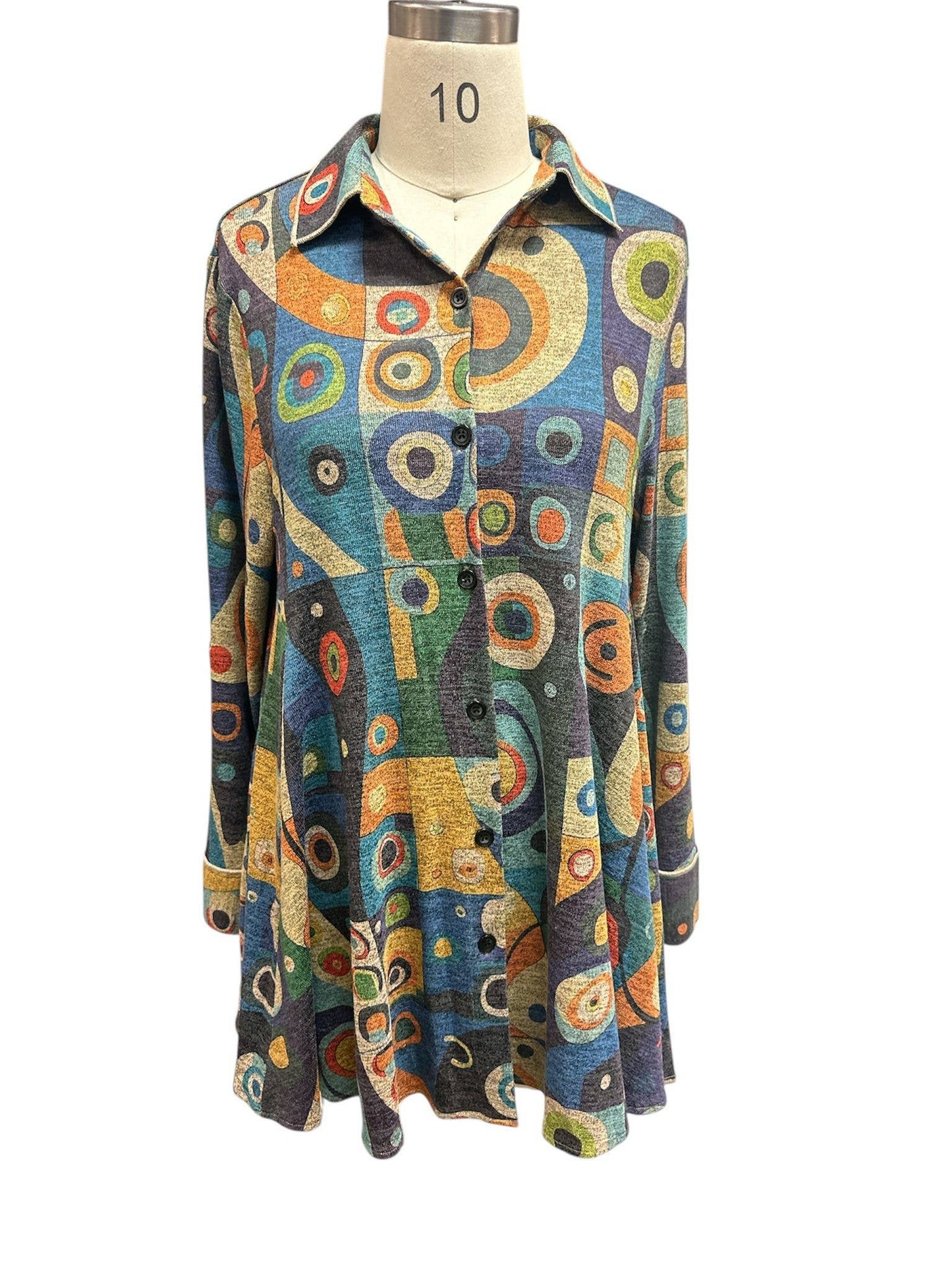 Women Navy Multi Knit Cali Button Shirt KX25601: XL