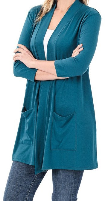 3/4 Sleeve Open Front Pocket Cardigan