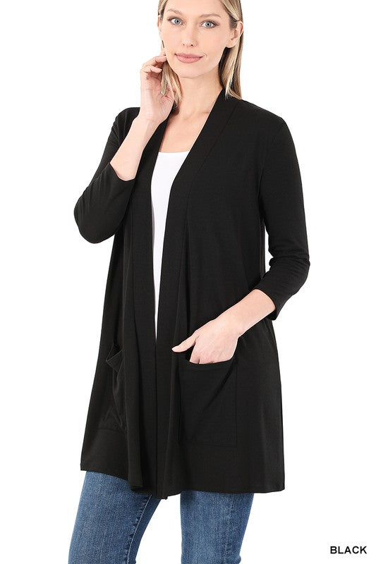 3/4 Sleeve Open Front Pocket Cardigan