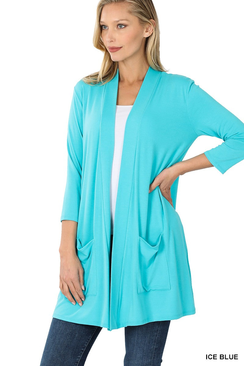 3/4 Sleeve Open Front Pocket Cardigan