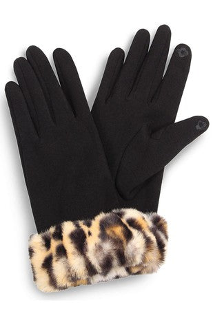 Leopard Faux Fur Cuff Gloves Smart Gloves