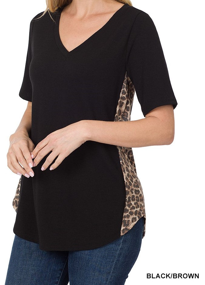 Contrast Side Panel Leopard V-Neck Top