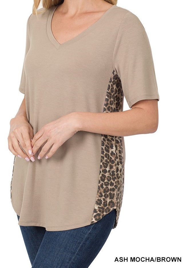 Contrast Side Panel Leopard V-Neck Top