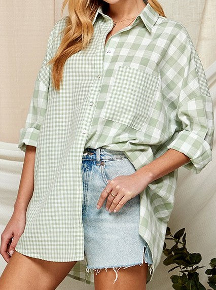 Sage Green Color Long Sleeve Plaid Contrast Button Down Shirt