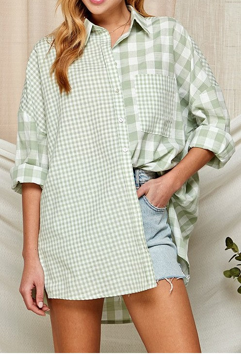 Sage Green Color Long Sleeve Plaid Contrast Button Down Shirt