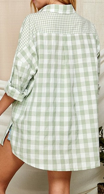 Sage Green Color Long Sleeve Plaid Contrast Button Down Shirt