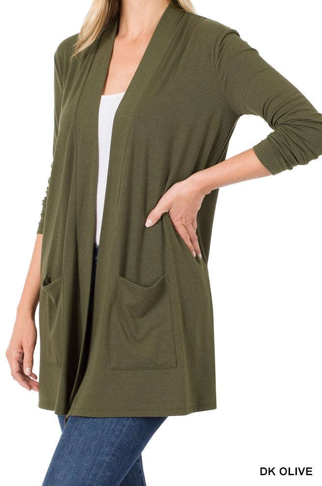 Open Front Pocket Cardigan Long Sleeve