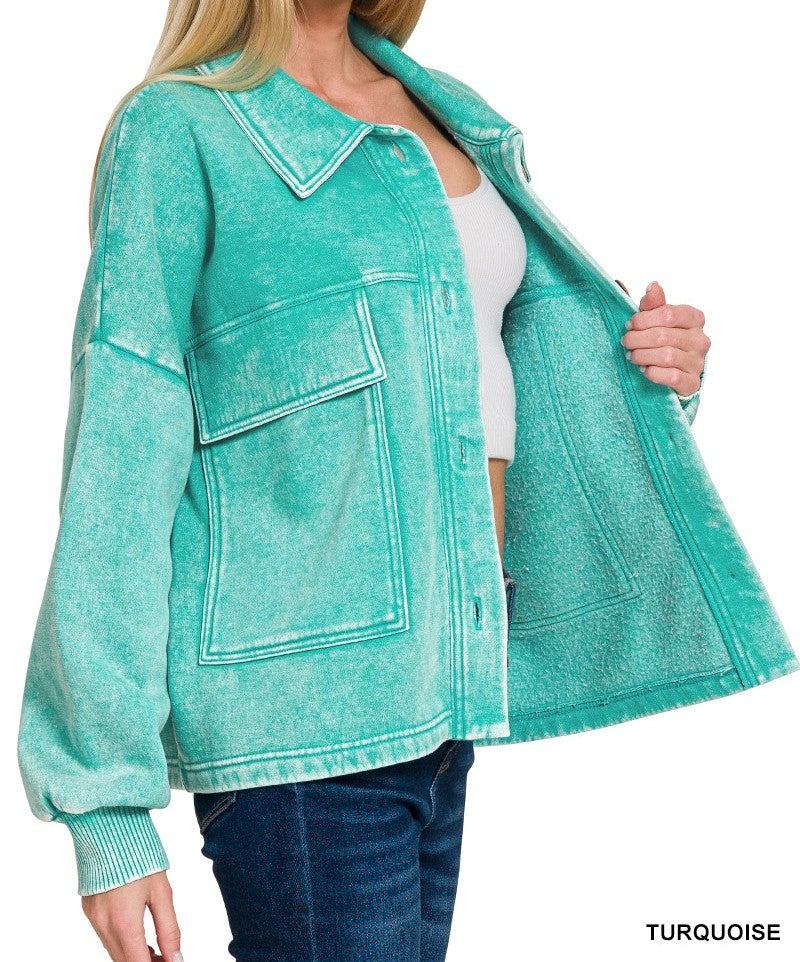 Acid Wash Fleece Front Pocket Cropped Shacket