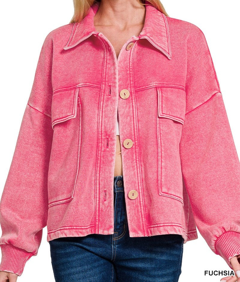 Acid Wash Fleece Front Pocket Cropped Shacket