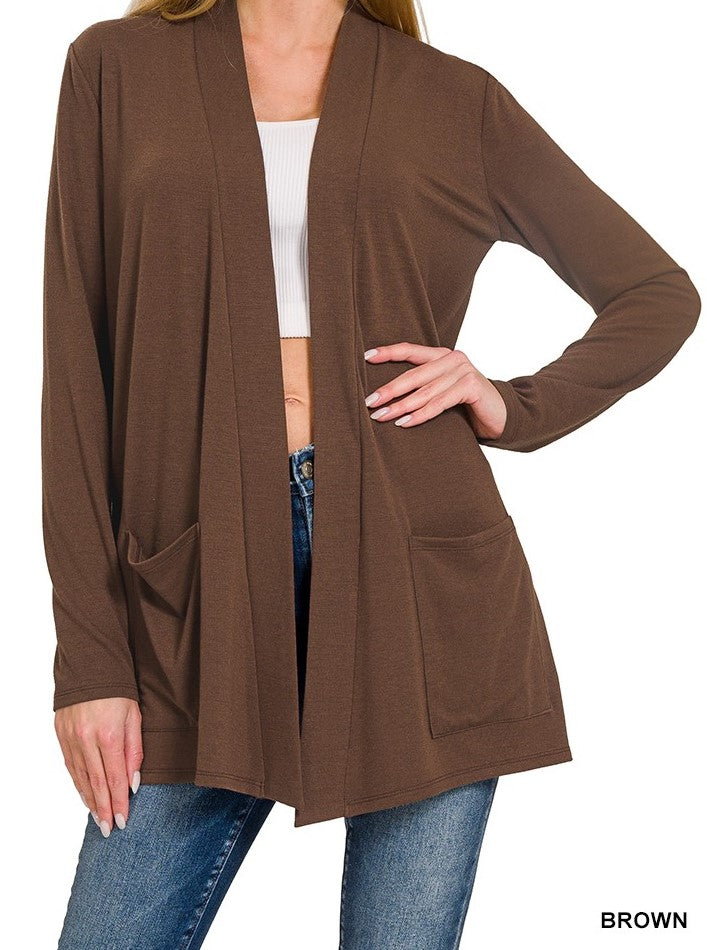 Open Front Pocket Cardigan Long Sleeve