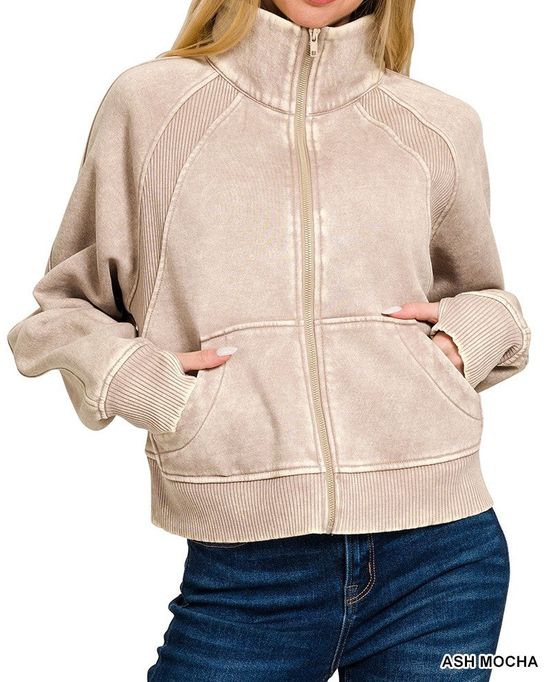Acid Wash Zip Up Fleece Crop Jacket