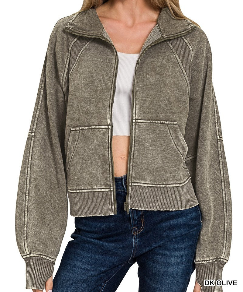 Acid Wash Zip Up Fleece Crop Jacket