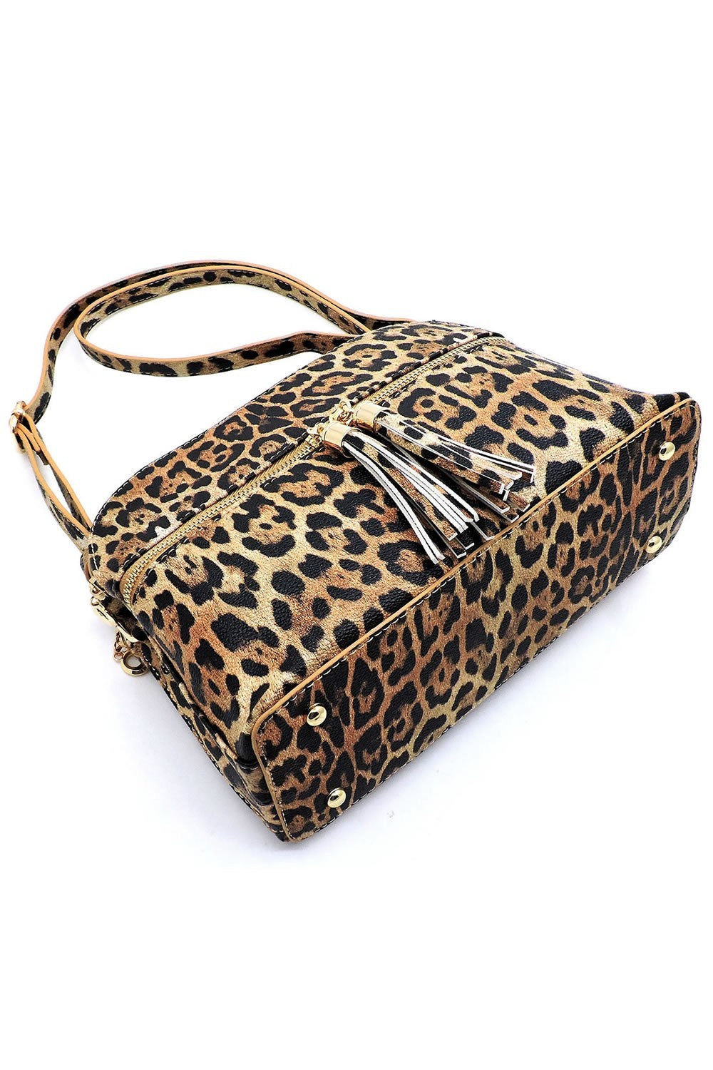Leopard Zip Tassel Multi Compartment Crossbody Bag
