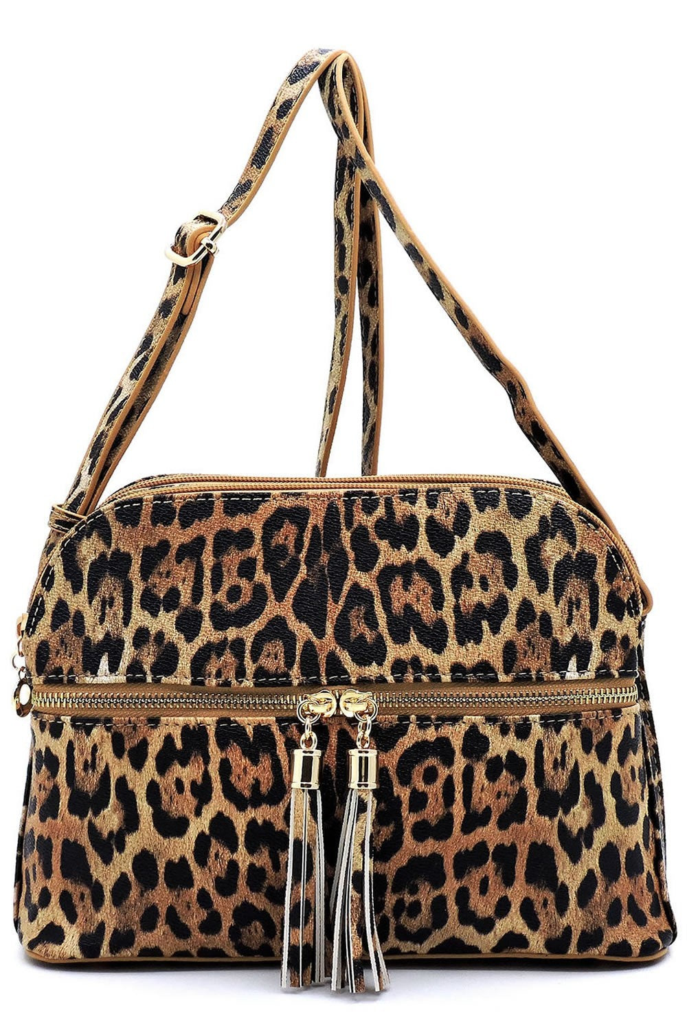 Leopard Zip Tassel Multi Compartment Crossbody Bag