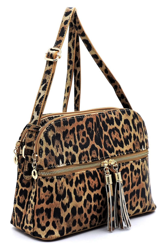 Leopard Zip Tassel Multi Compartment Crossbody Bag