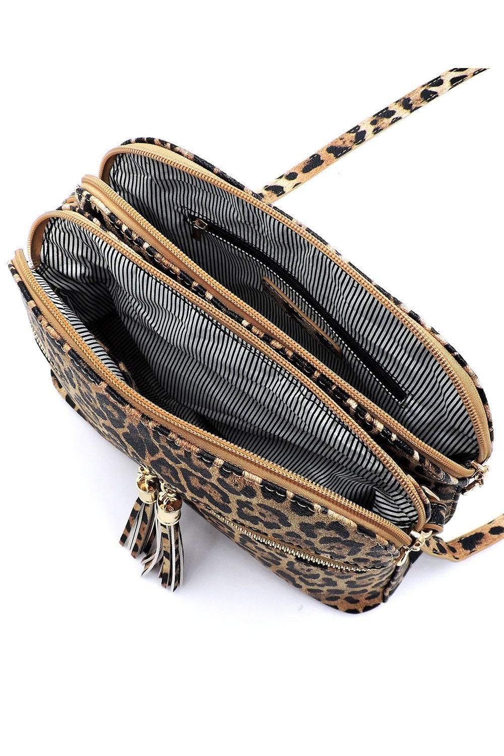 Leopard Zip Tassel Multi Compartment Crossbody Bag