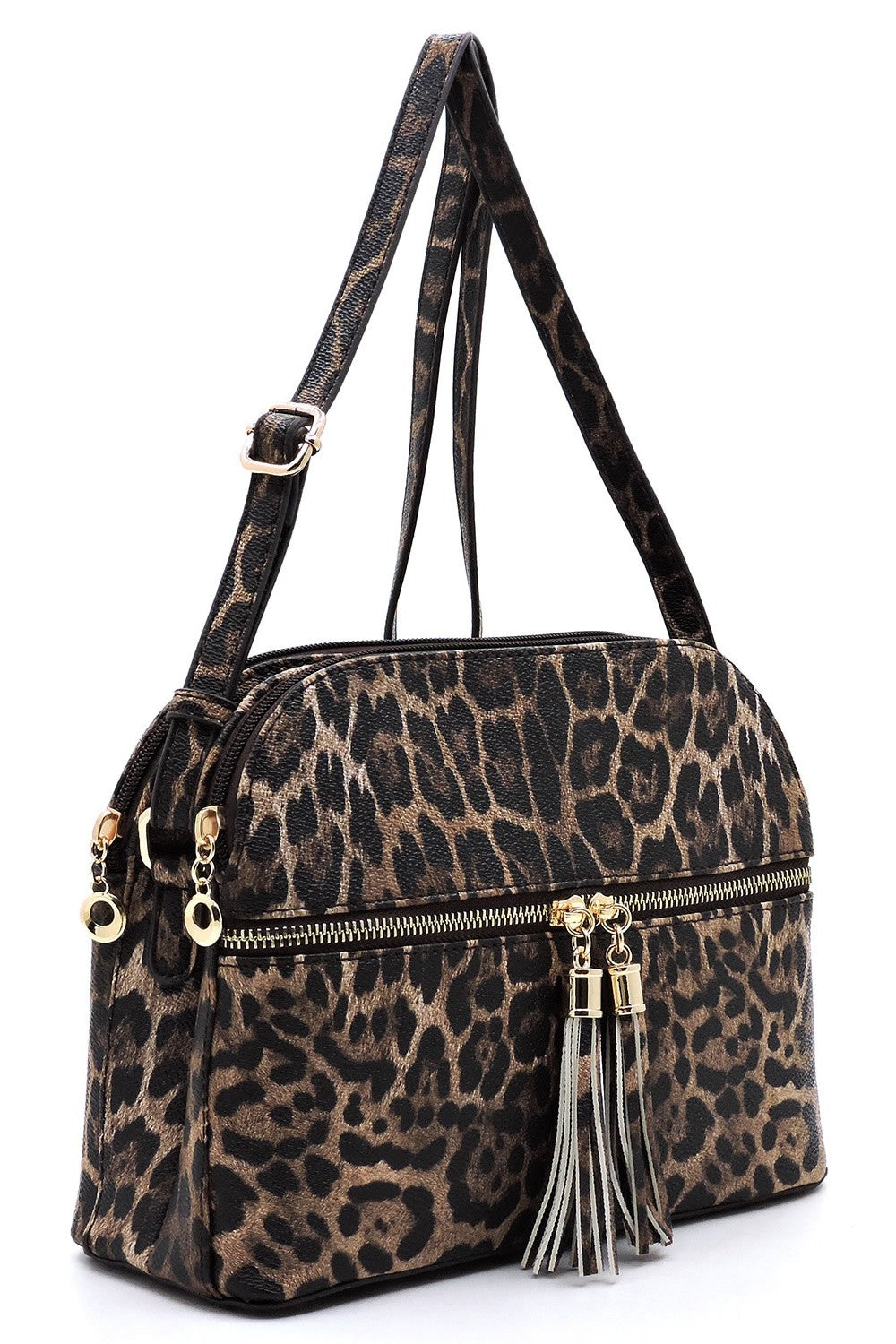 Leopard Zip Tassel Multi Compartment Crossbody Bag