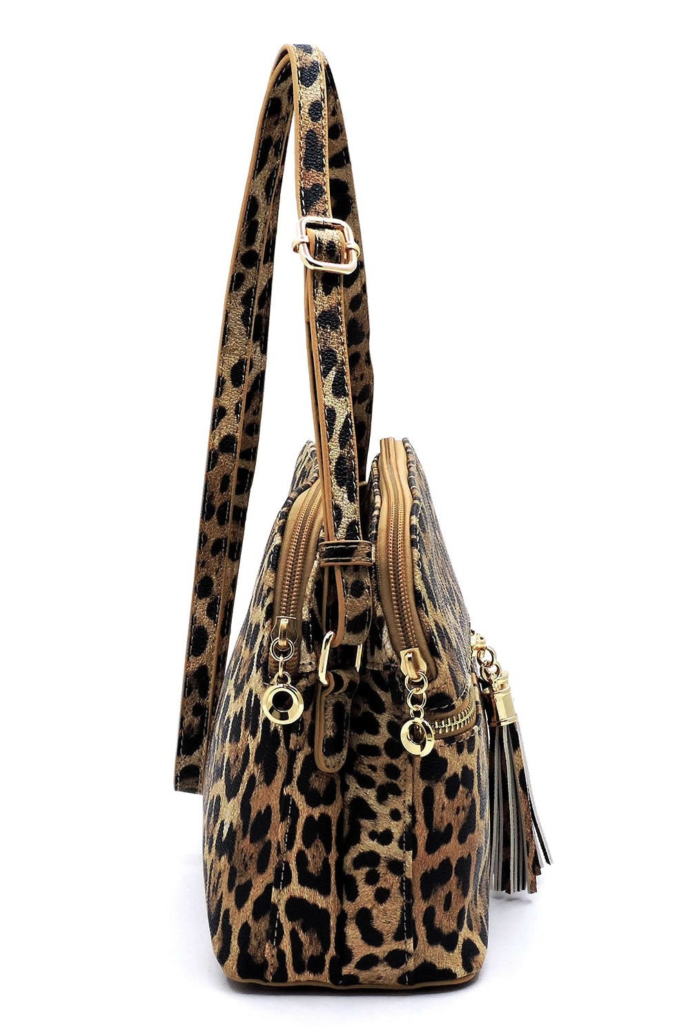 Leopard Zip Tassel Multi Compartment Crossbody Bag