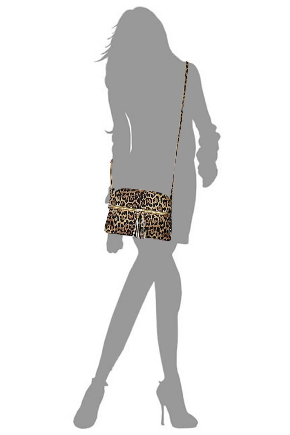 Leopard Zip Tassel Multi Compartment Crossbody Bag