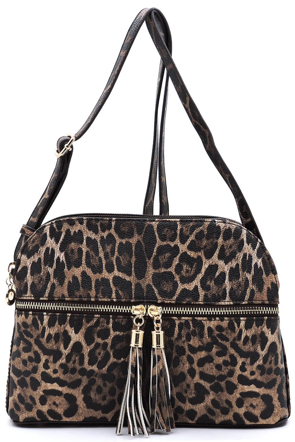 Leopard Zip Tassel Multi Compartment Crossbody Bag