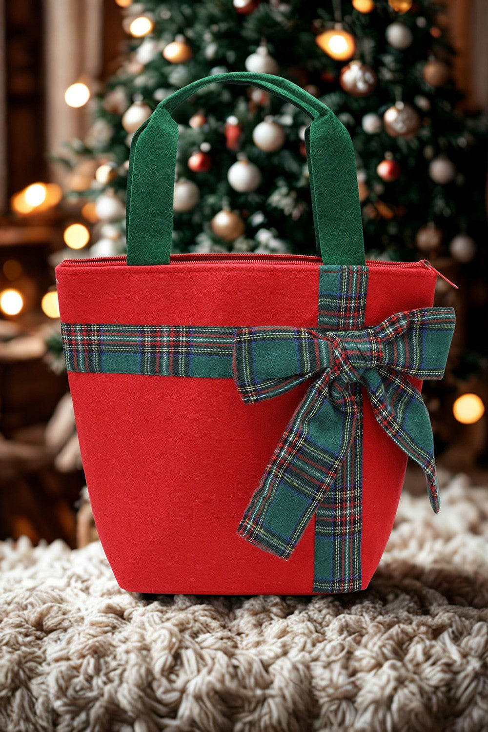 Plaid Bow Accent Christmas Tote Bag