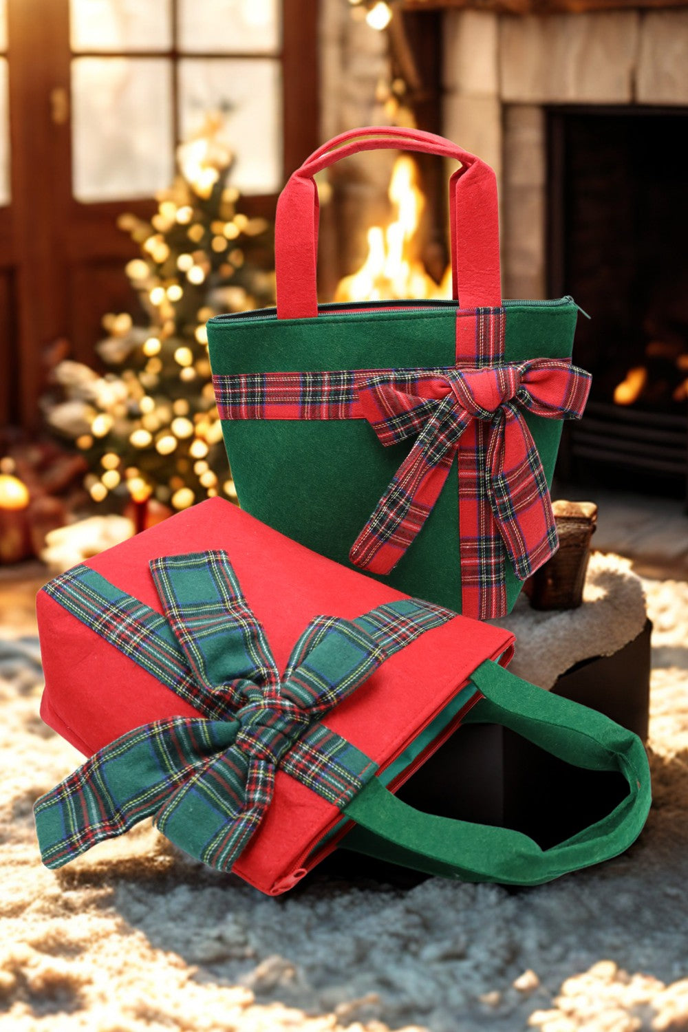 Plaid Bow Accent Christmas Tote Bag