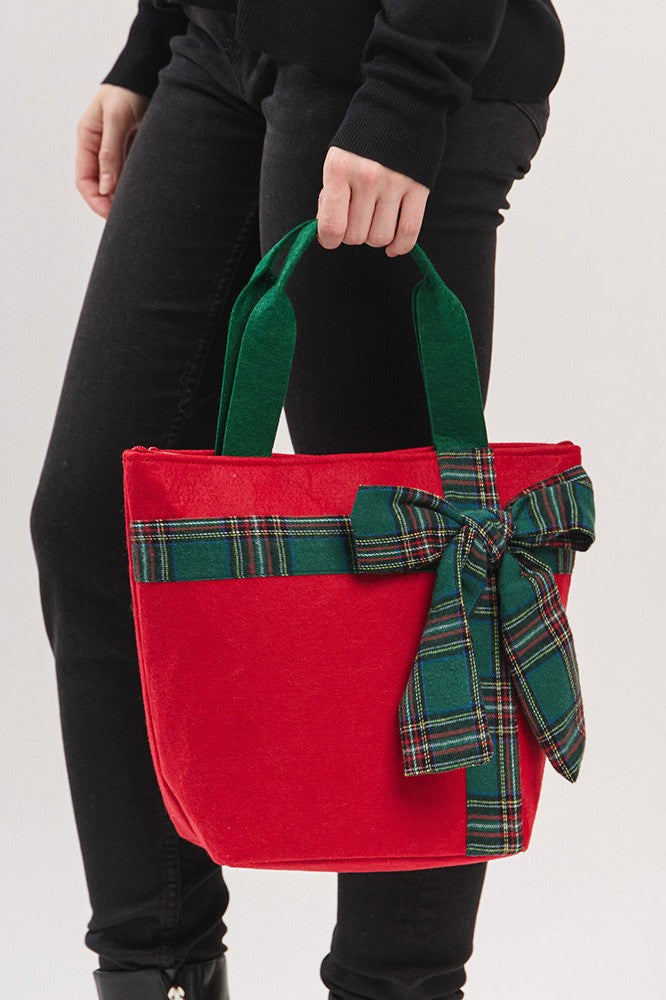 Plaid Bow Accent Christmas Tote Bag
