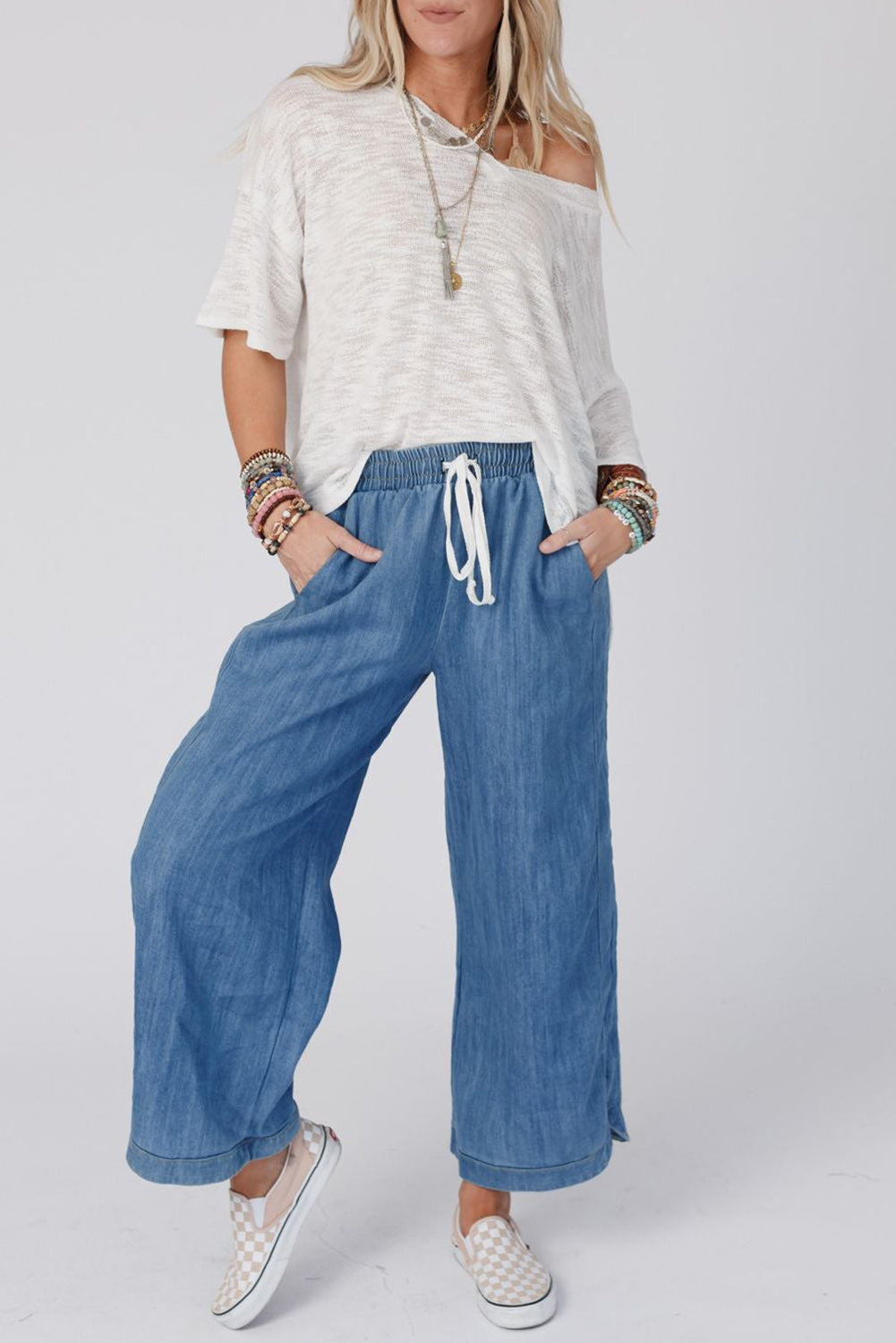 Denim Wide Leg Drawstring Waist Loose Pants