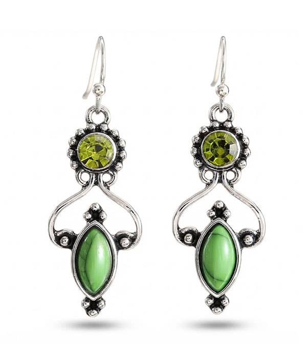 ( B573 ) GREEN GEMSTONE DANGLE EARRINGS