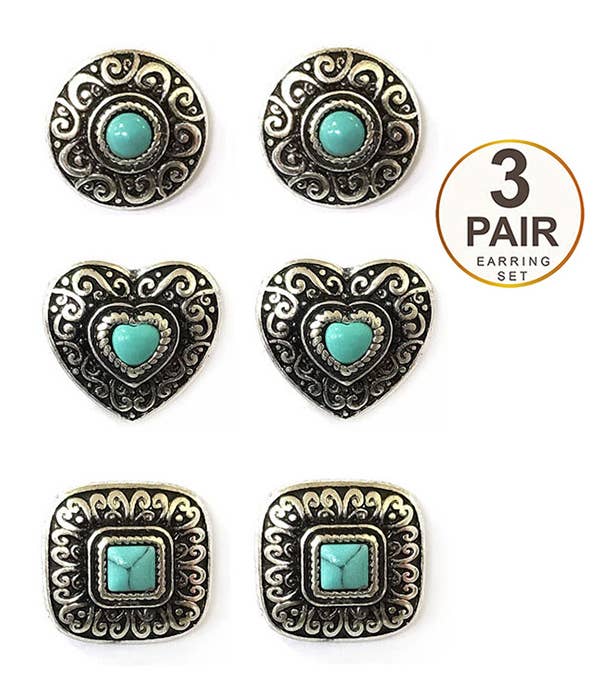 ( NX1053 ) TURQUOISE 3 PAIR EARRING SET