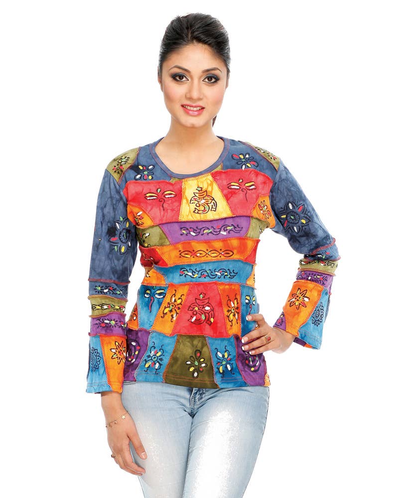 Razor cut Boho long sleeve round Neck Top SF236: M