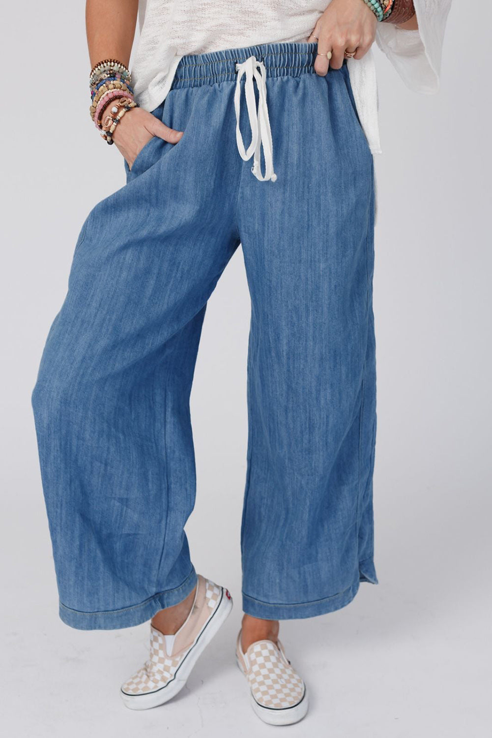 Denim Wide Leg Drawstring Waist Loose Pants