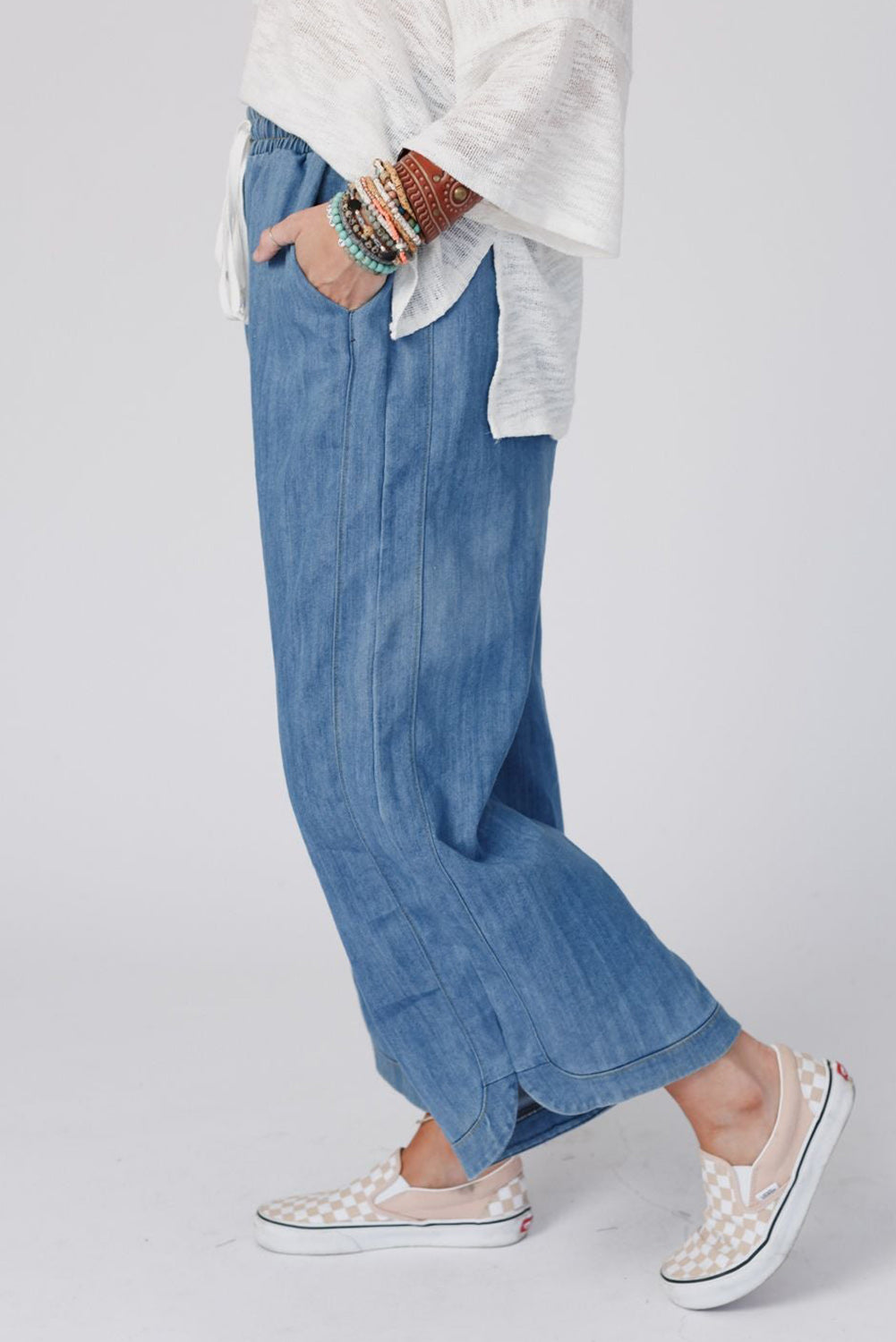 Denim Wide Leg Drawstring Waist Loose Pants