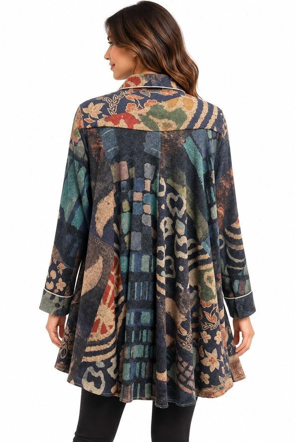 Navy Multi Knit Cali Button Tunic Shirt