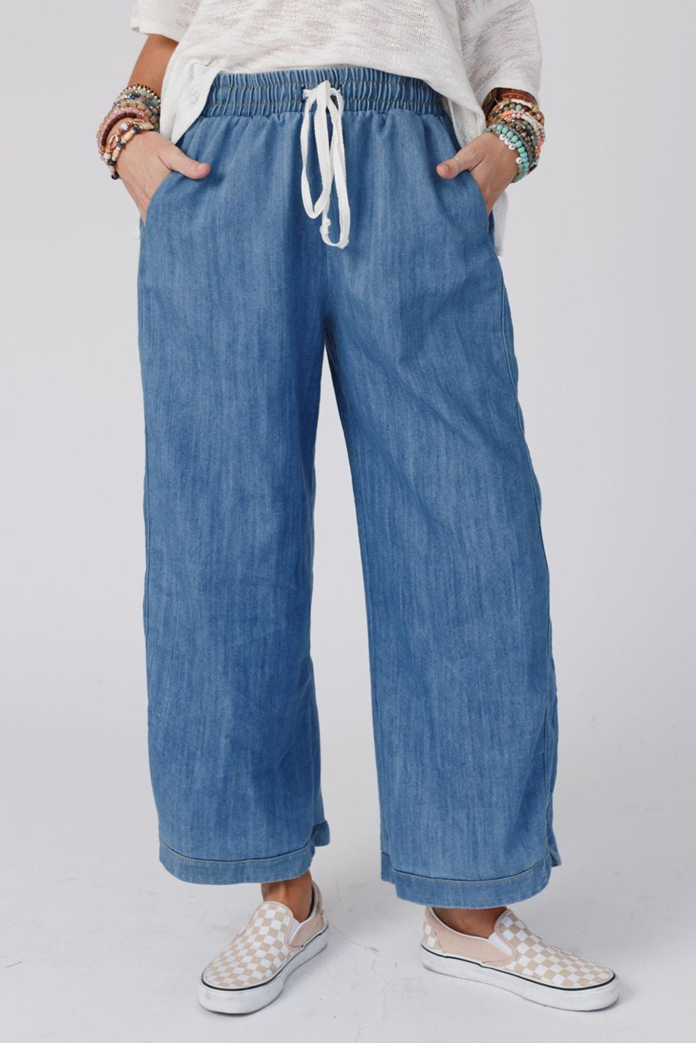 Denim Wide Leg Drawstring Waist Loose Pants