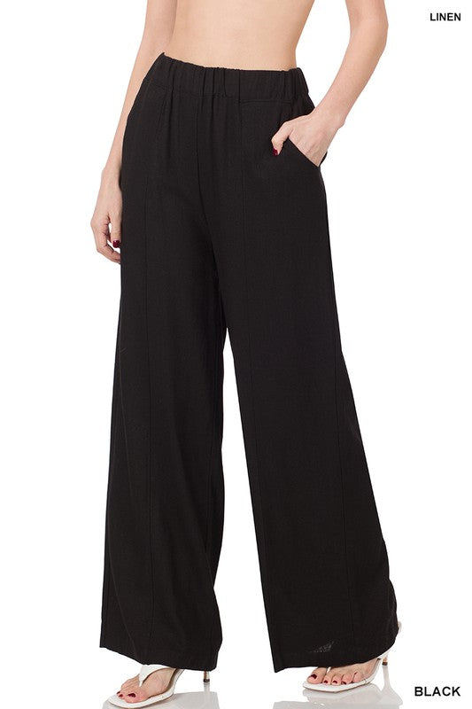 Linen Wide Leg Pants with Pockets and Elastic Waist