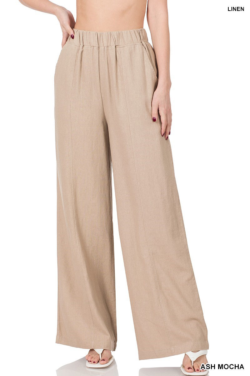 Linen Wide Leg Pants with Pockets and Elastic Waist