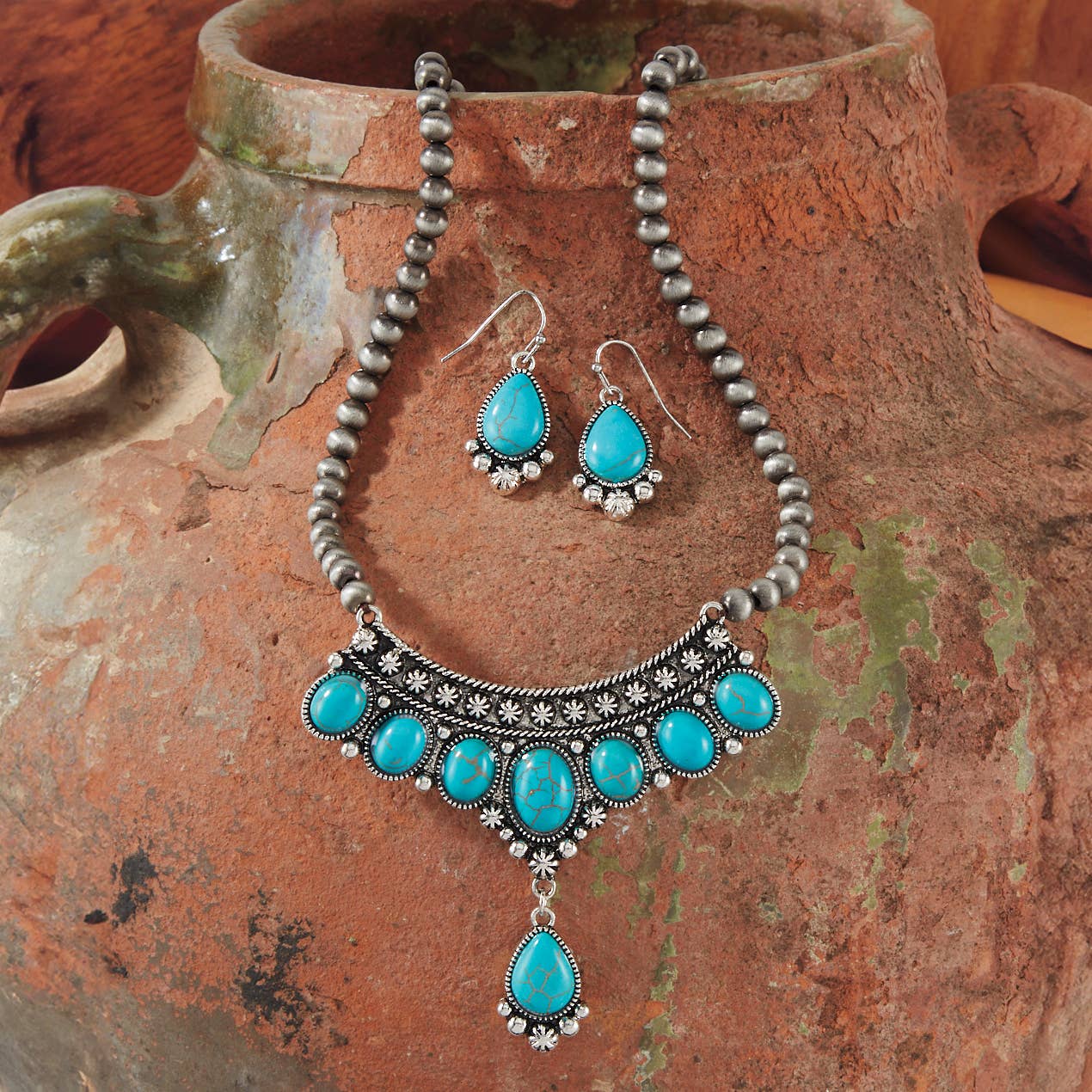 Western Empress Faux TQ Necklace & Earrings Set