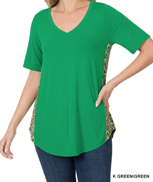 Contrast Side Panel Leopard V-Neck Top