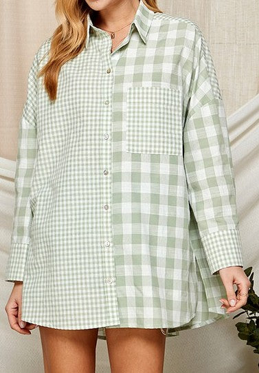 Sage Green Color Long Sleeve Plaid Contrast Button Down Shirt