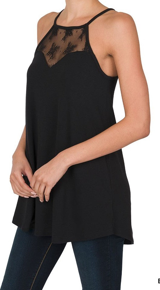 Lace Paneled Sleeveless Halter Top