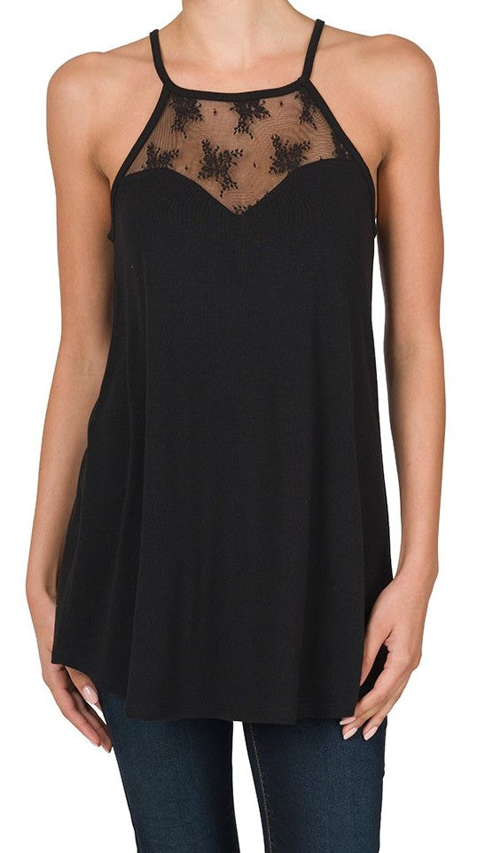 Lace Paneled Sleeveless Halter Top
