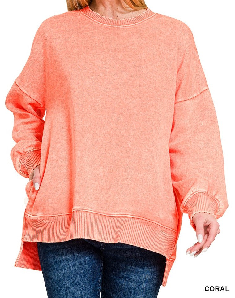 Acid Wash Fleece Hi-low Hem Pullover