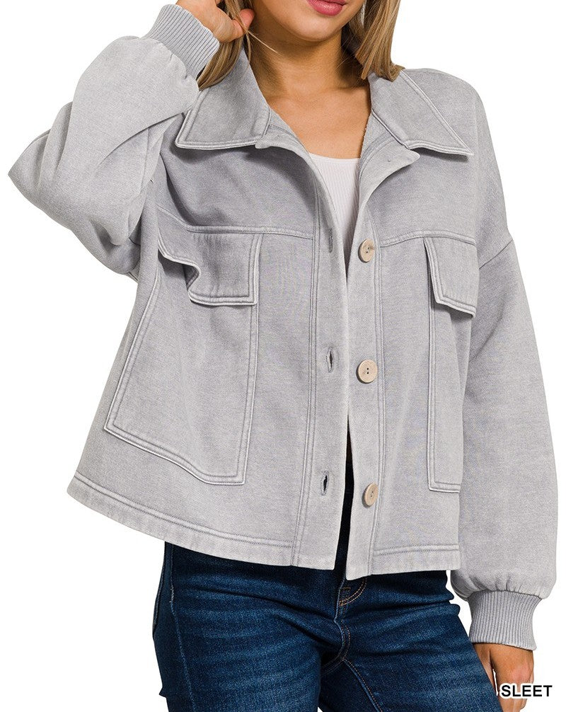 Acid Wash Fleece Front Pocket Cropped Shacket
