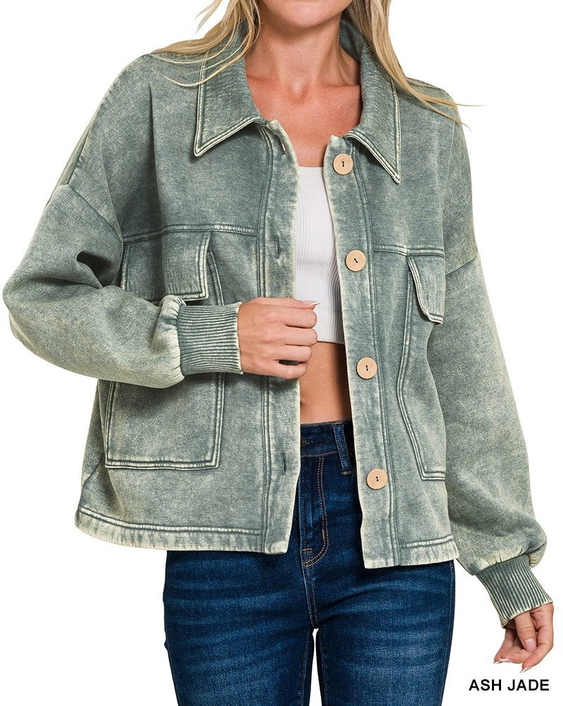 Acid Wash Fleece Front Pocket Cropped Shacket
