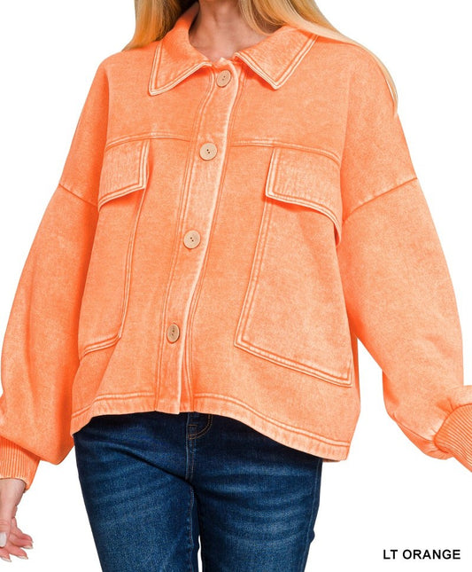 Acid Wash Fleece Front Pocket Cropped Shacket