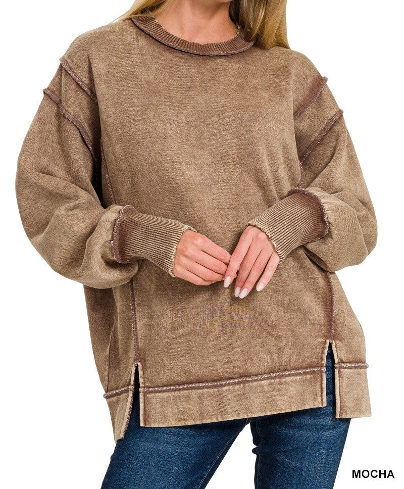 Acid Wash Exposed-seam Fleece Sweatshirt