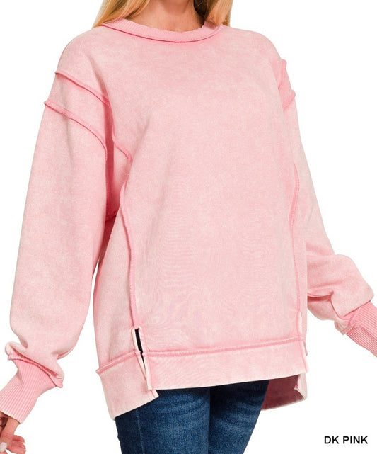 Acid Wash Exposed-seam Fleece Sweatshirt