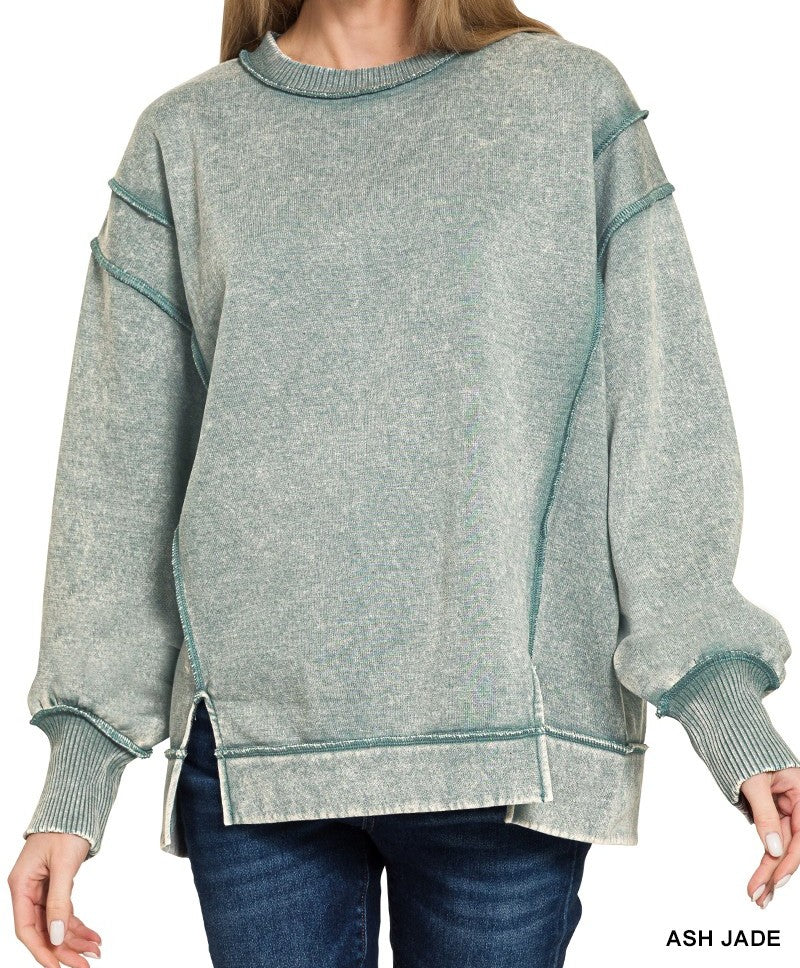 Acid Wash Exposed-seam Fleece Sweatshirt