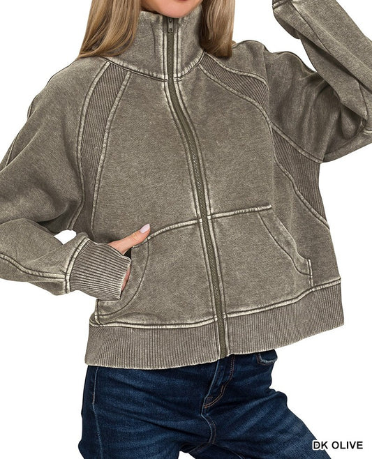 Acid Wash Zip Up Fleece Crop Jacket